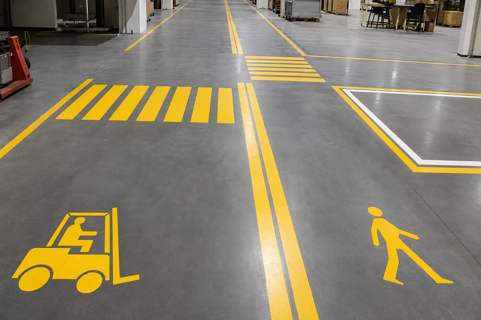 Dokumentasi pengerjaan epoxy lantai industri: lapisan akhir rata dengan pantulan cahaya seragam.