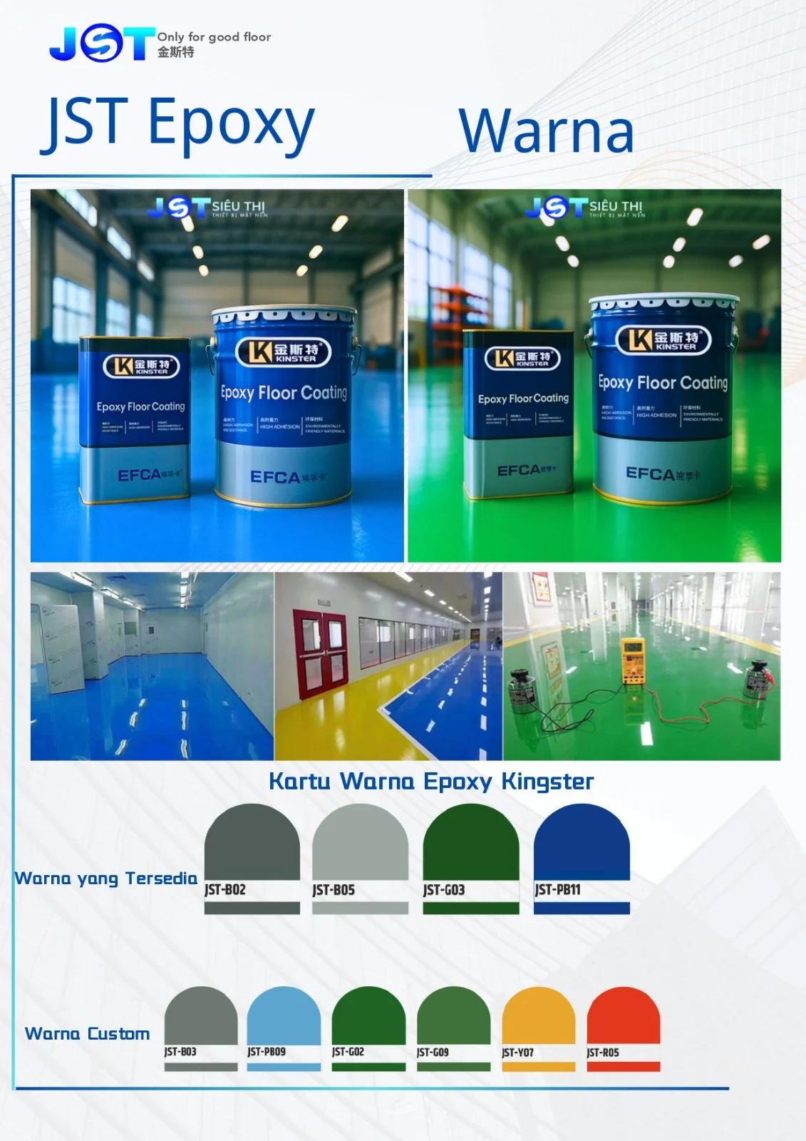 Material sistem epoxy dan hasil permukaan lantai industri yang rata dan mengkilap di area gudang atau pabrik.